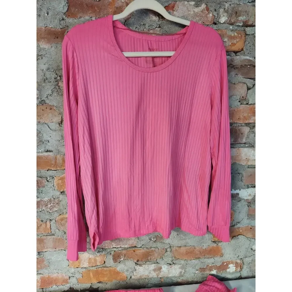 Womens Pink Ribbed Pajama Set L 12/14 Long Sleeve Sleepwear Lounge